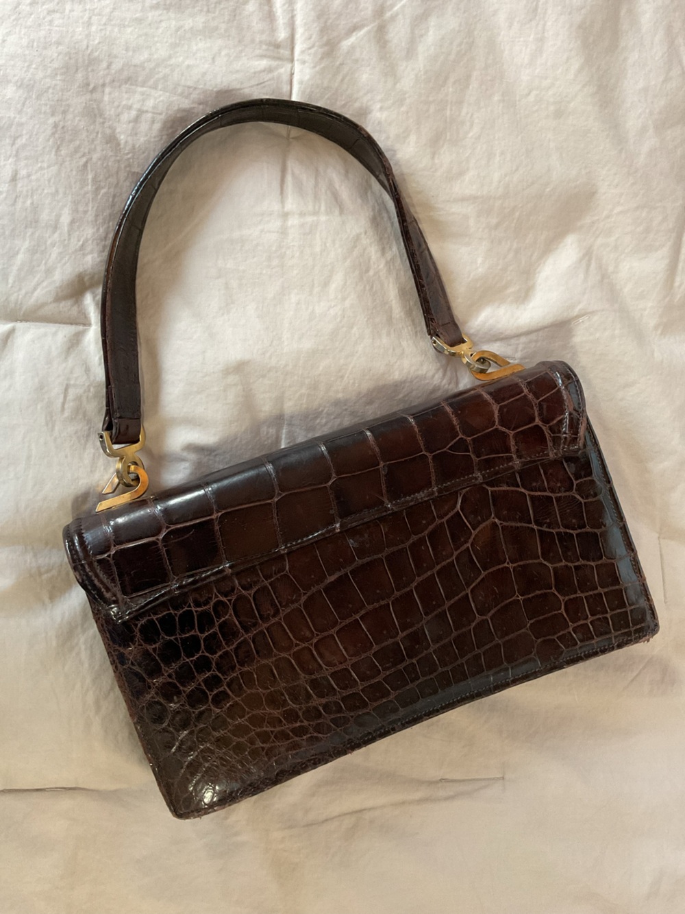 Vintage Croc-Embossed Dark Brown Top-Handle Women's Bag - Picture 4 of 6